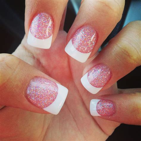 pink glitter nails with white tips